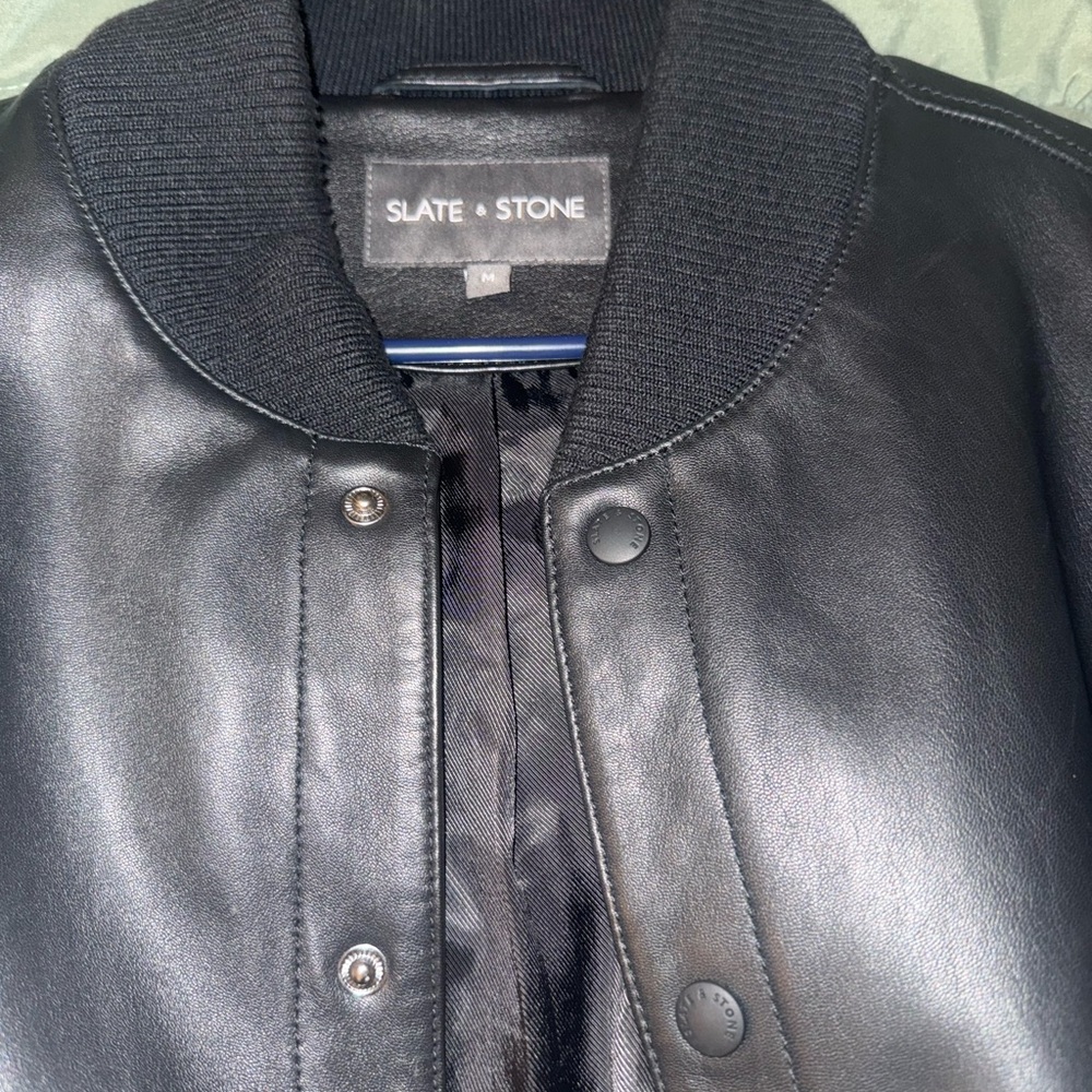 Slate & Stone Midnight Black Varsity Jacket. Genuine smooth butter leather.